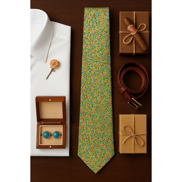 Vintage CHAPS Silk Tie – Handmade Floral Necktie Green Blue Pink, 100% Silk Gift - Picture 1 of 7